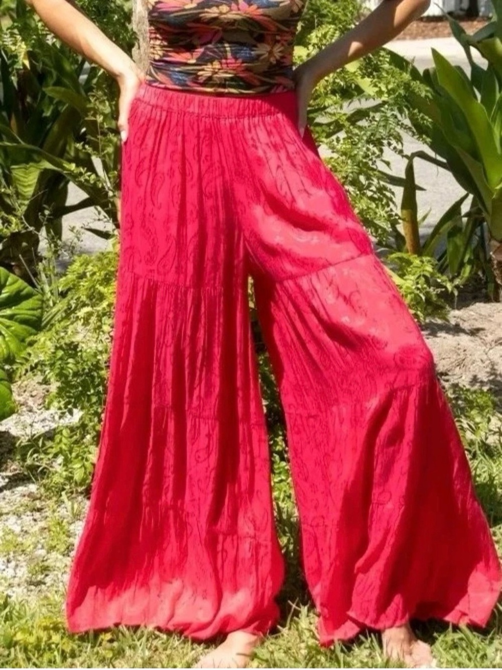 Natural Life Wide Leg Tiered Pants Paisley Bright Pink Elastic